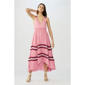 Maje Pink Pleated Midi Dress with Contrast Lace Stripes – Size XS